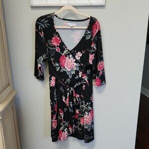 French Laundry Black Midi MockWrap Dress with Pink Floral Print Sz 1X